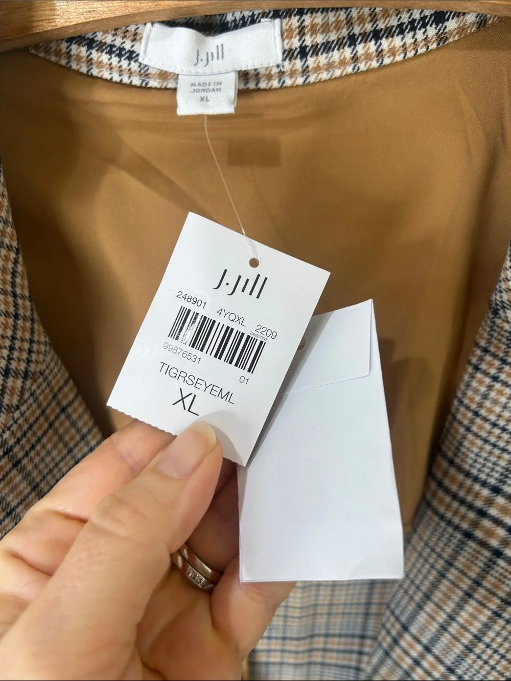 NWT J. JILL Brown Mendocino Houndstooth Plaid One Button Closure Blazer Size XL